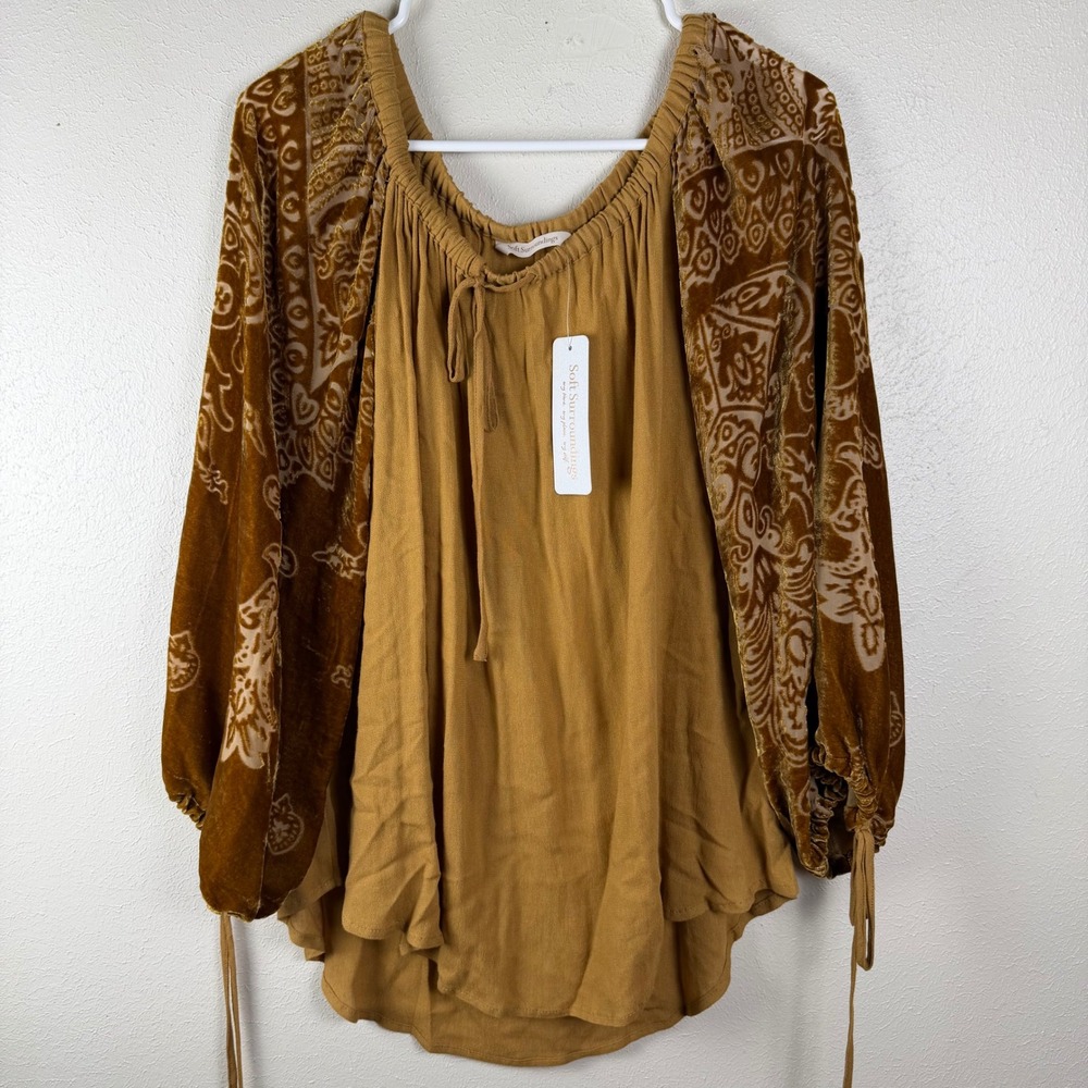Soft Surroundings Barrymore Blouse Gold Burnout Velvet Paisley Sleeve Womens L
